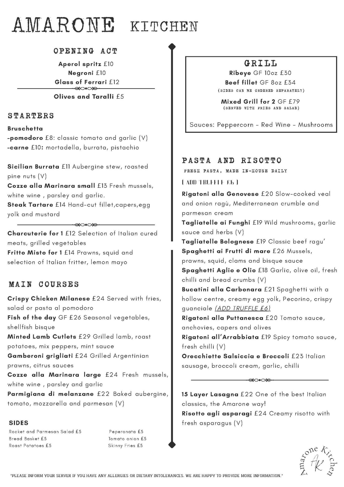 Amarone Kitchen New Menu